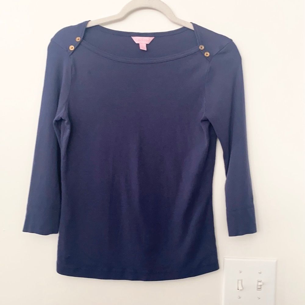 Lilly Pulitzer Navy Blue Button-Shoulder 3/4 Sleeve Top